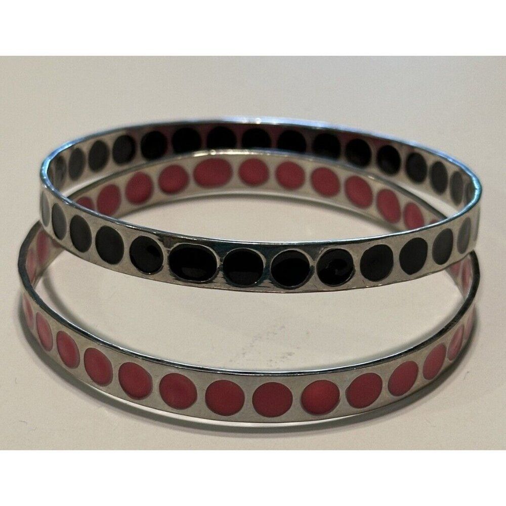 Silver Tone Pink Black Enamel Polka Dot Bangle Bracelet